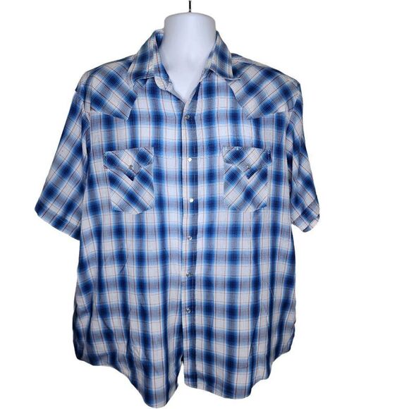 Plains Western Wear Short Sleeve Snap Shirt Mens Size XL Blue Plaid - Picture 1 of 6
